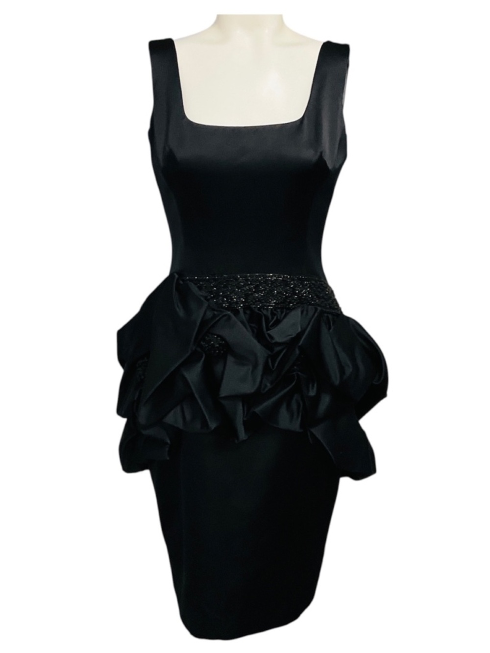 MARCHESA BLACK BEAD EMBELLISHED RUFFLED SLEEVELESS SATIN COCKTAIL DRESS